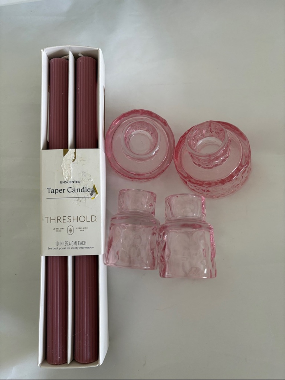 4 Threshold Mauve-Pink ribbed Taper Candles w/ Pink pebbled Glass candle Holders